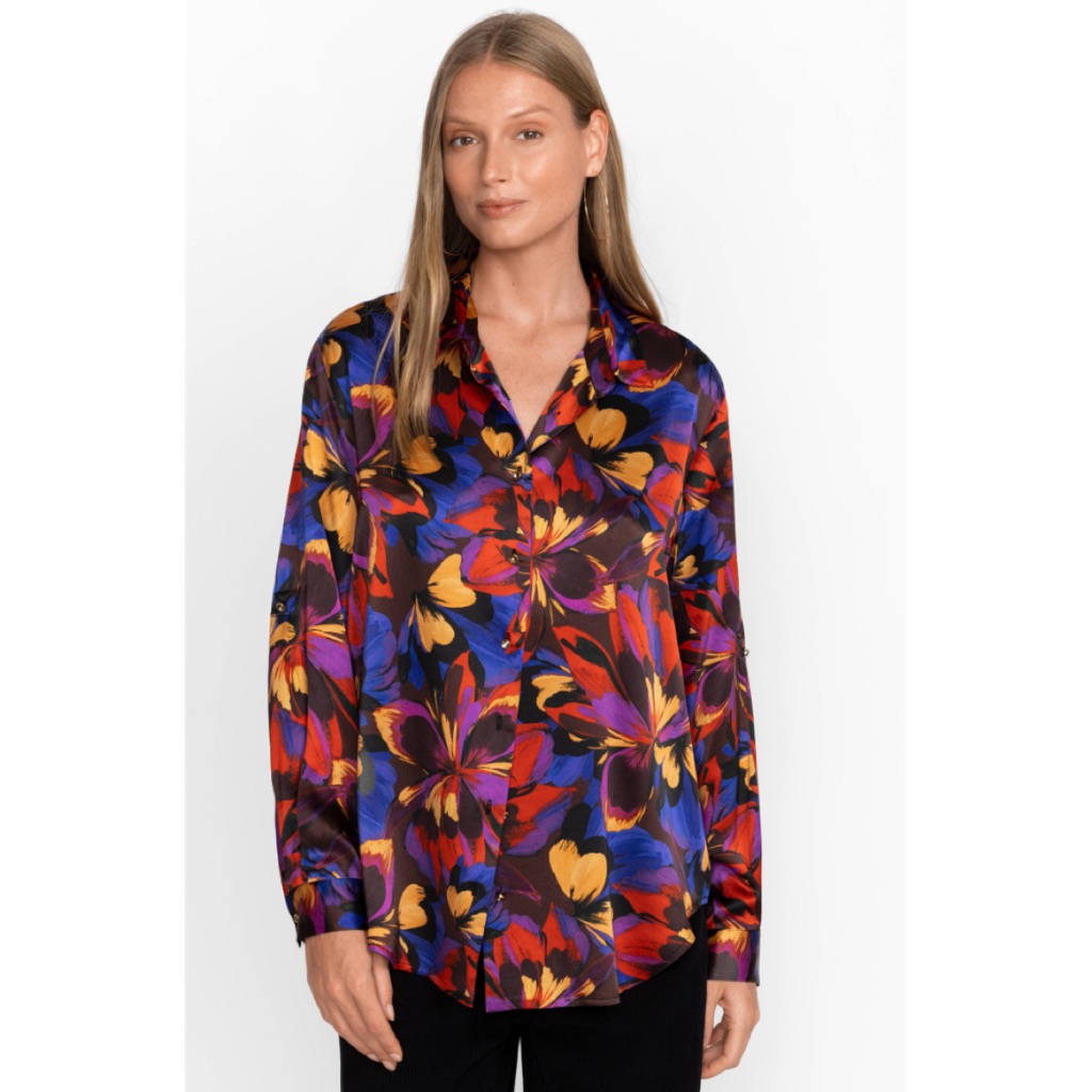 Johnny Was Jade Eclipse Blooms Silk Long Sleeve Floral Print Shirt Size Small